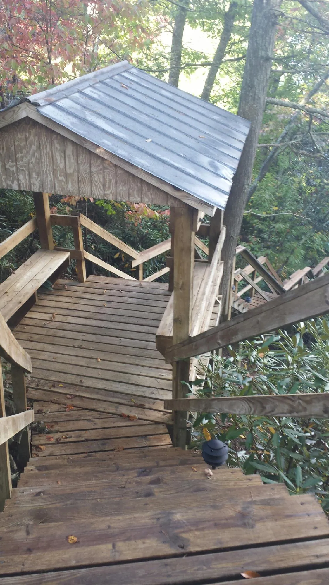 Metal roofed shelter over wooden steps on a wooded walkway — Skylight Repair & Installation work by our crew in Lafitte